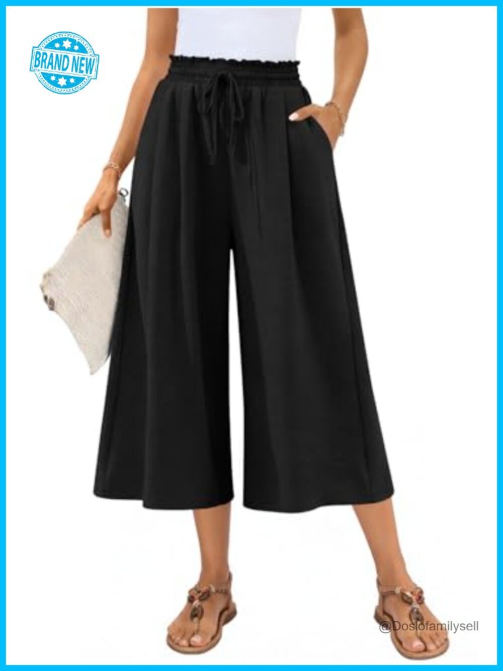 Wide Leg Capri Palazzo Pants High Waist Drawstring Pockets